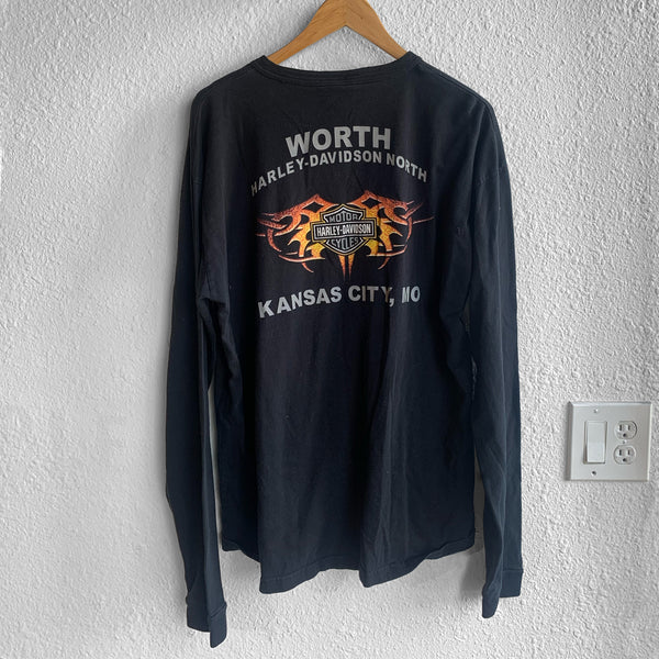 2000's Harley Davidson Long Sleeve Henley Worth North Kansas City MO Flame Logo Shirt XL - #003